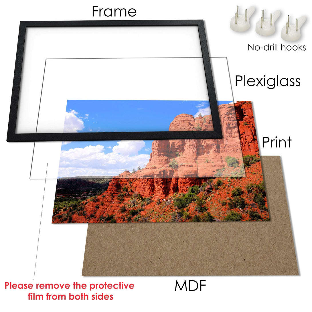 Framed Poster of stunning desert landscape with red rocks, blue sky, and green accents. Perfect wall art!