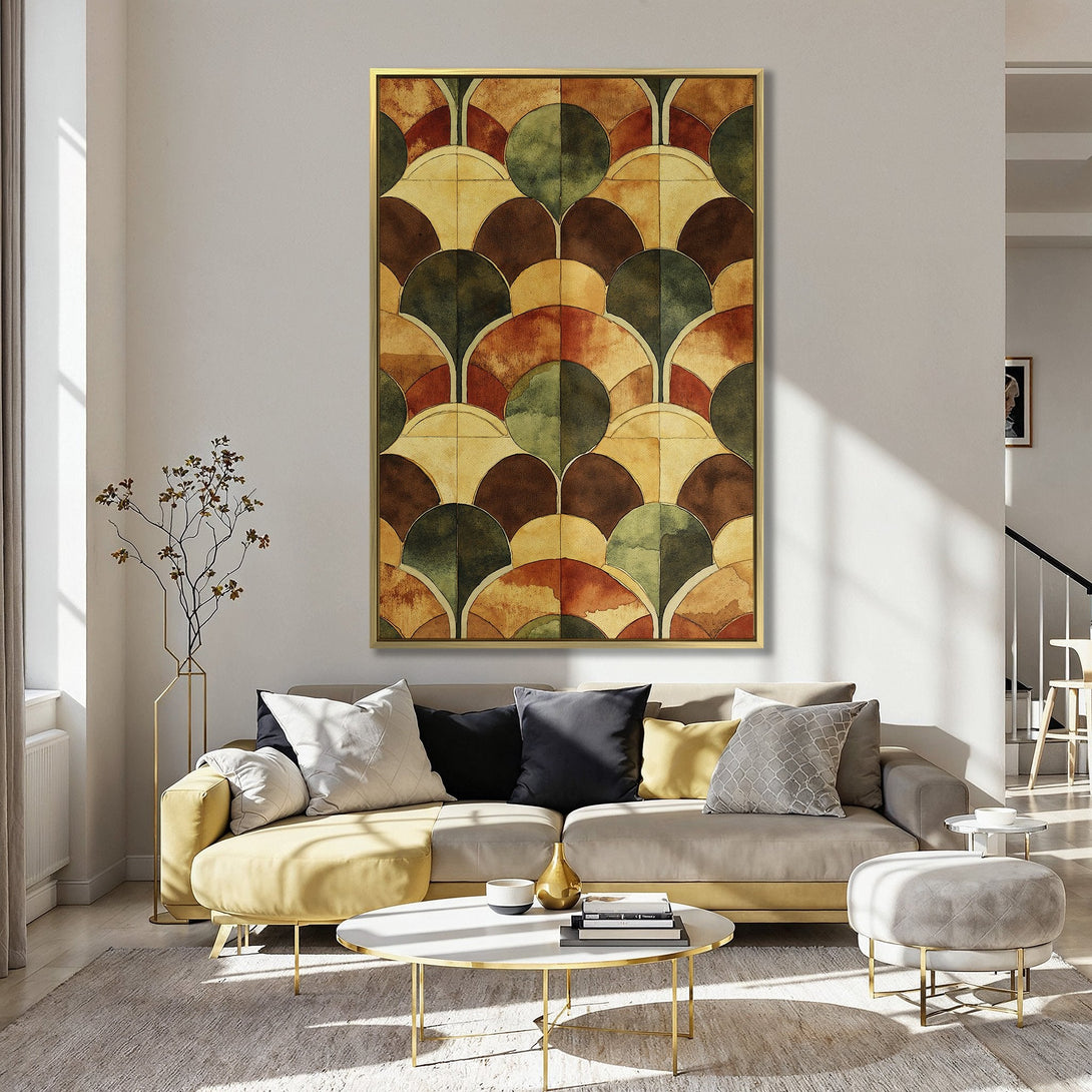 Canvas Print of a geometric pattern in warm earth tones. Modern art style, perfect for adding a touch of elegance to your home decor.