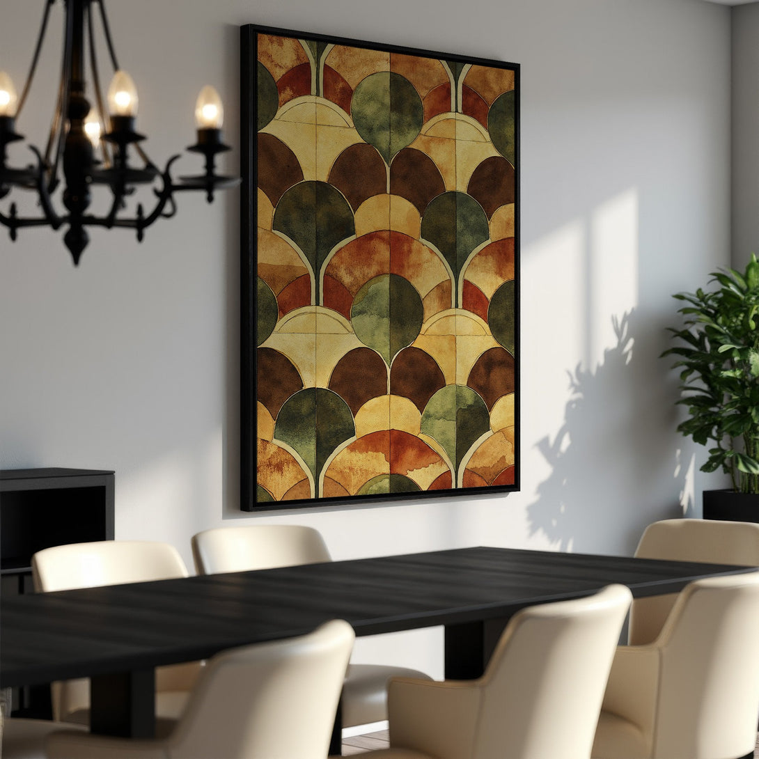 Framed Wall Art featuring a geometric pattern in warm earth tones. Perfect for adding a touch of modern elegance to your dining room or living space.