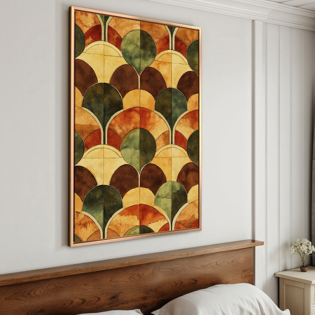 Framed Wall Art featuring an abstract watercolor pattern in warm earth tones. Perfect for adding a touch of modern style to your bedroom decor.