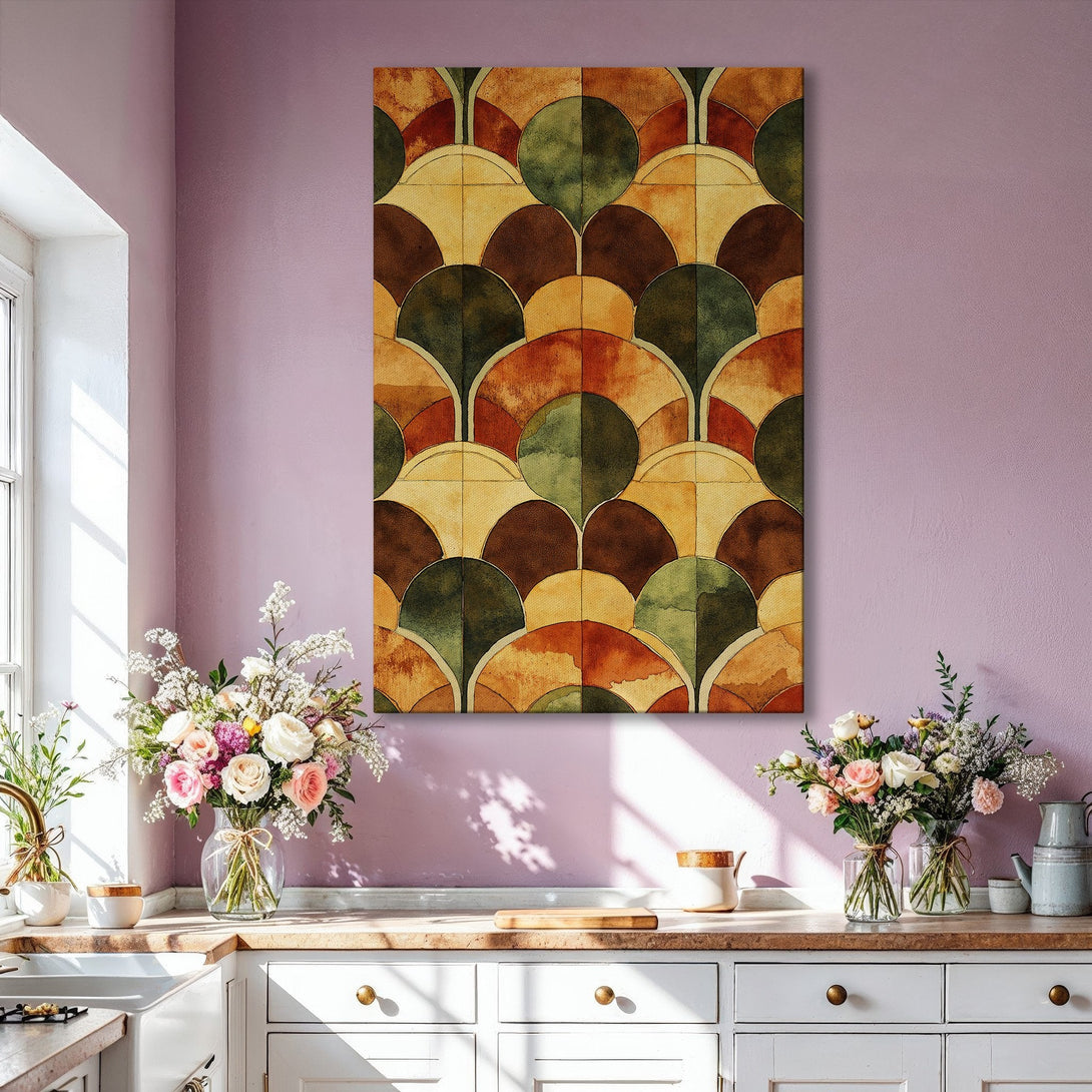 Framed Wall Art featuring an abstract geometric pattern in warm earth tones. Modern art print perfect for living room decor.