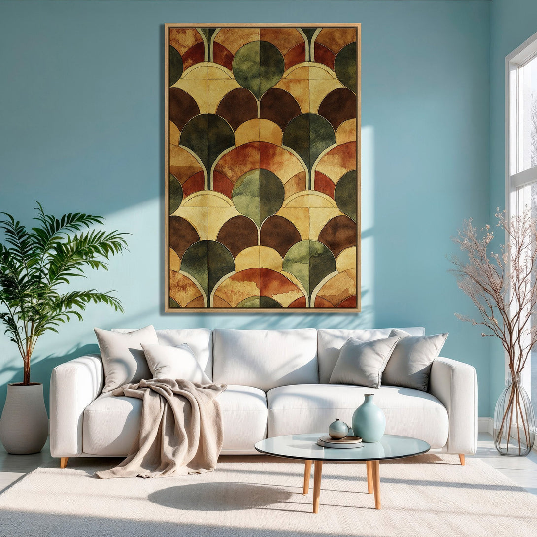 Framed Wall Art: Abstract geometric design in warm earth tones. Adds a touch of modern elegance to any living room. Shop our Canvas Print collection today!