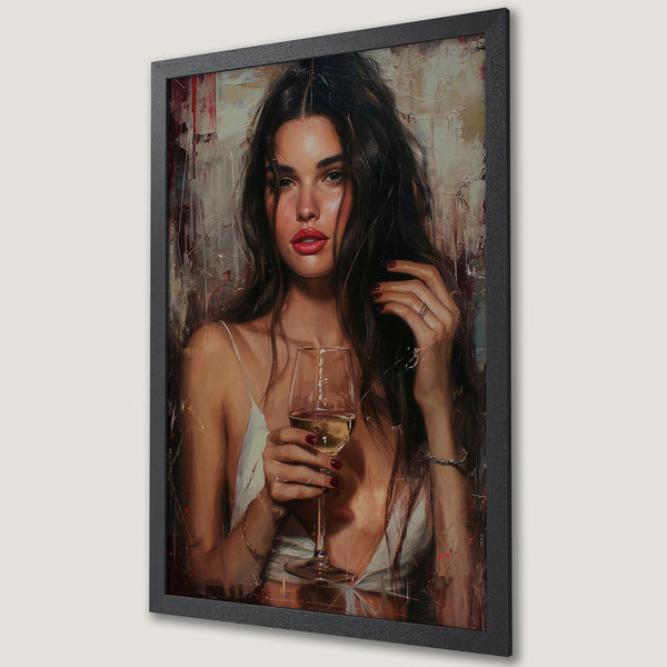 Framed Poster of a woman with wine. Romantic art style with warm, earthy tones and pops of red. Perfect for any space!