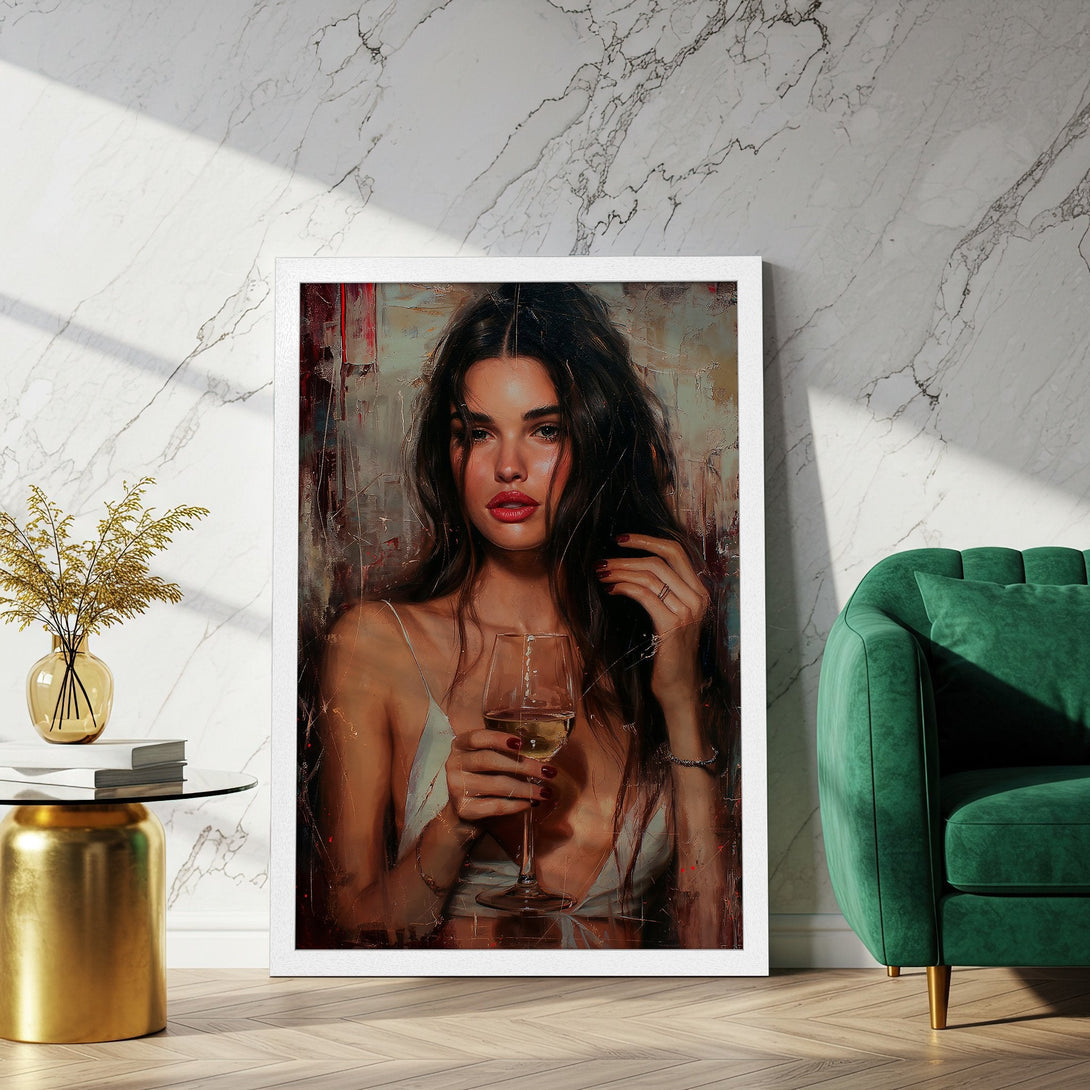 Framed Poster of a woman with wine, in a painterly style, featuring a warm, rich color palette. Perfect wall art for your home!