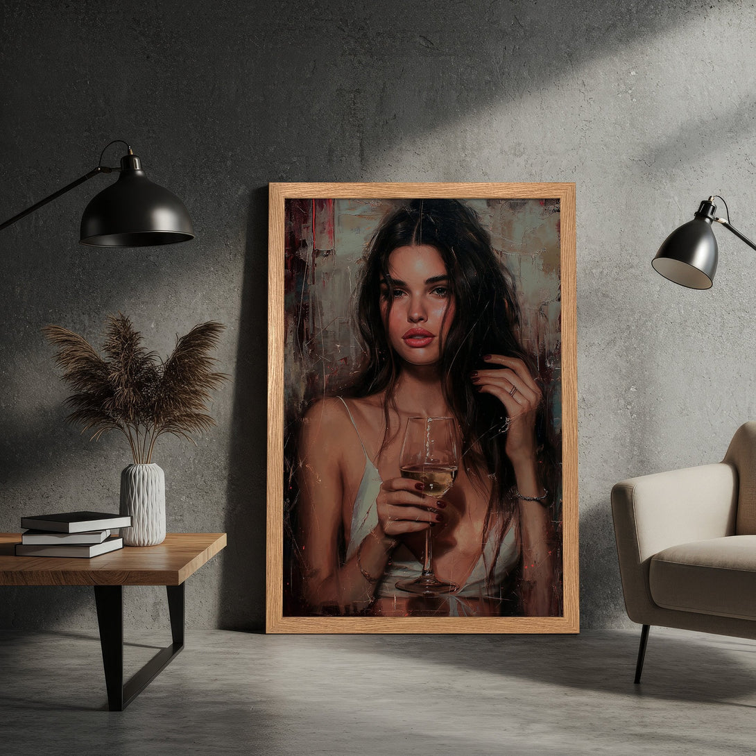 Framed Poster: Elegant woman with wine, impressionist style, warm neutral tones. Perfect wall art for your home.