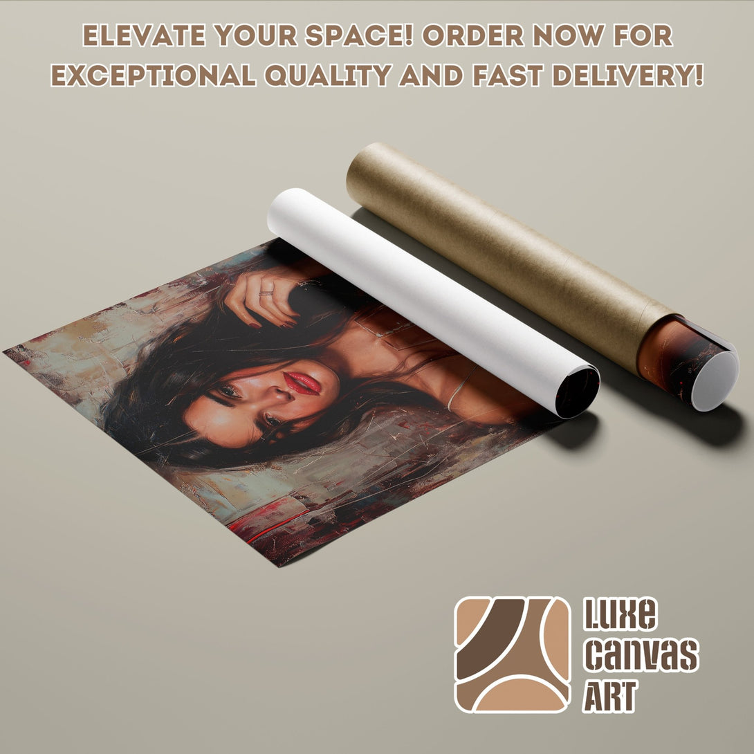Poster Roll featuring a woman portrait in an abstract style with a warm color palette. Elevate your space with Luxe Canvas Art!