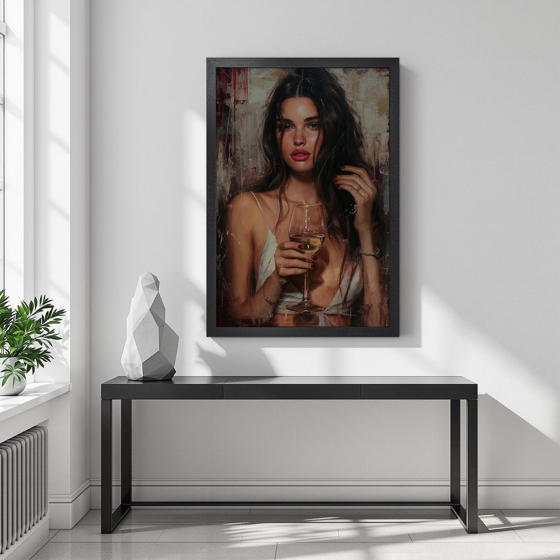Framed Poster of a woman with wine, artistic style, warm color palette. Perfect wall art for any room.
