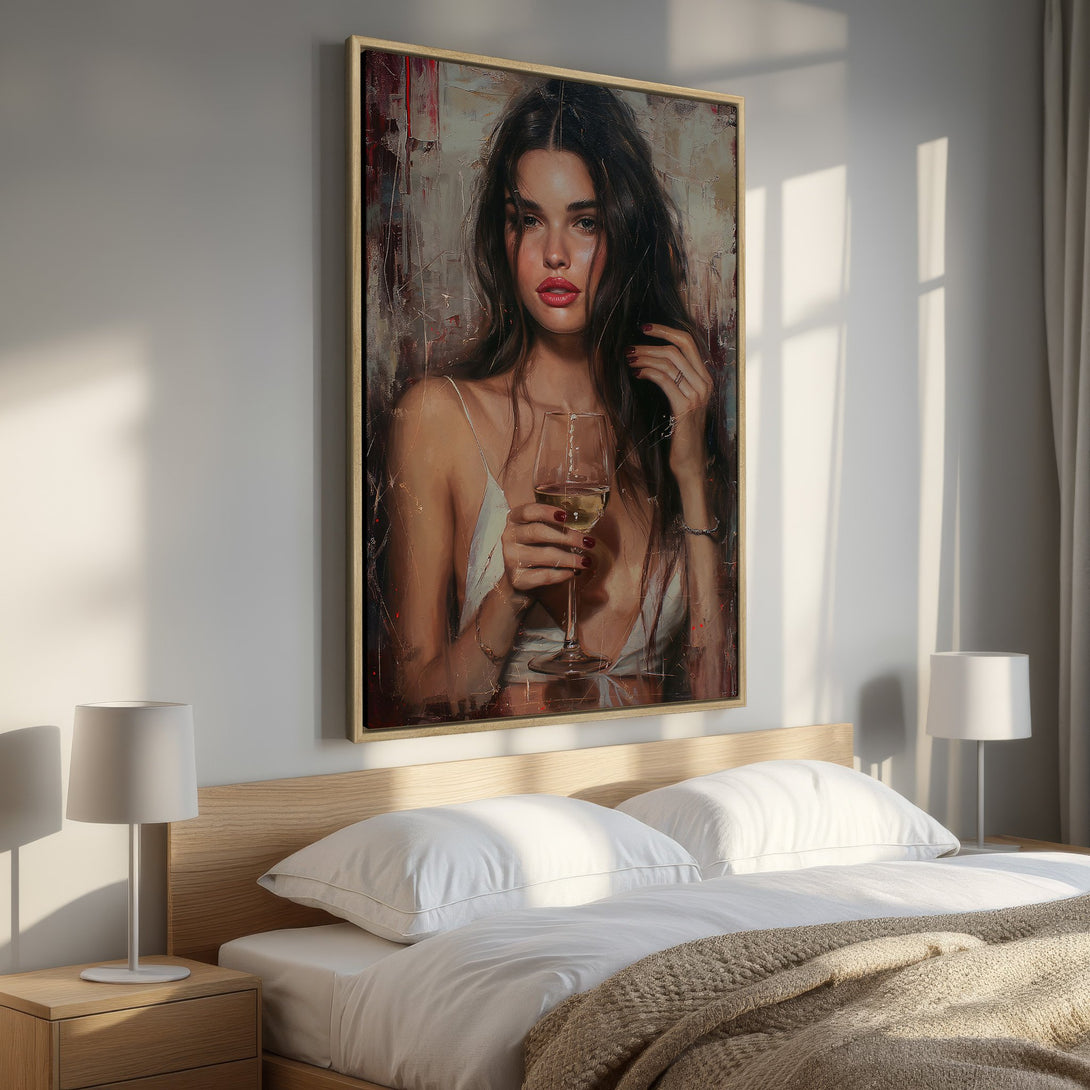 Framed Wall Art featuring a woman with wine, painted in an expressive style. Warm, earthy tones with pops of red create a sophisticated bedroom aesthetic.