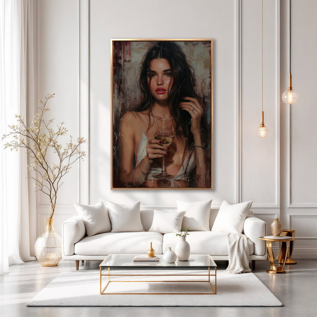 Framed Wall Art: Stunning portrait of a woman with a glass of wine. Elegant, modern decor with a neutral palette, perfect for living room or bedroom.