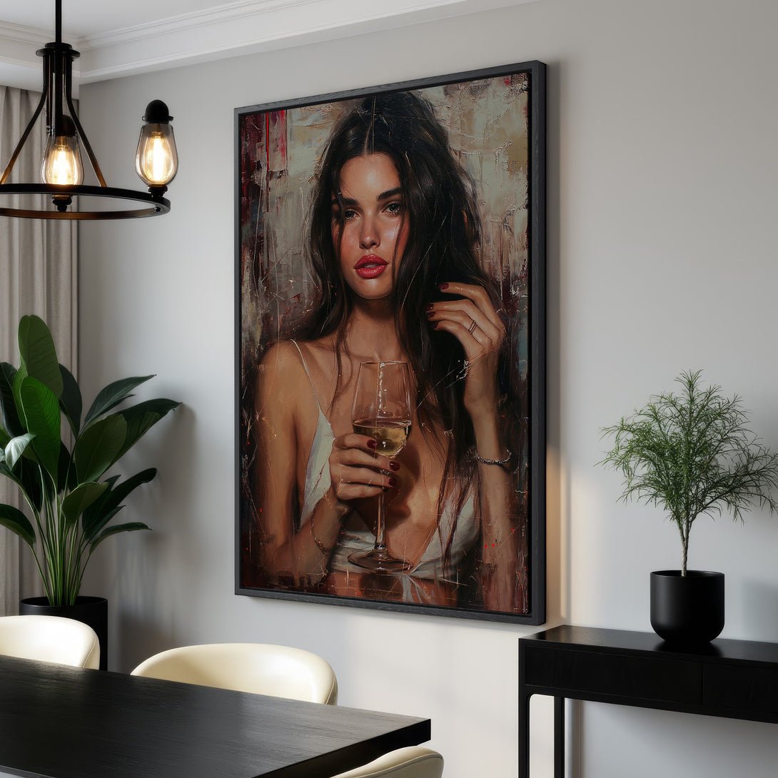 Framed Wall Art featuring a woman with wine, impressionistic style, warm color palette. Perfect for adding elegance to your dining room!