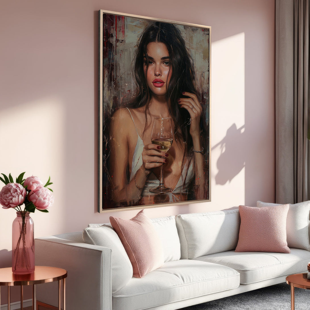 Framed Wall Art: Elegant woman portrait in oil painting style. Soft pink & neutral tones create a sophisticated interior. Perfect for living room decor.