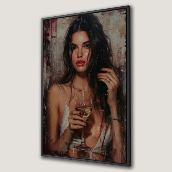 Framed Wall Art Canvas Print featuring a woman with a glass of wine. Oil painting style with a warm, neutral color palette and red accents. Perfect for home decor.