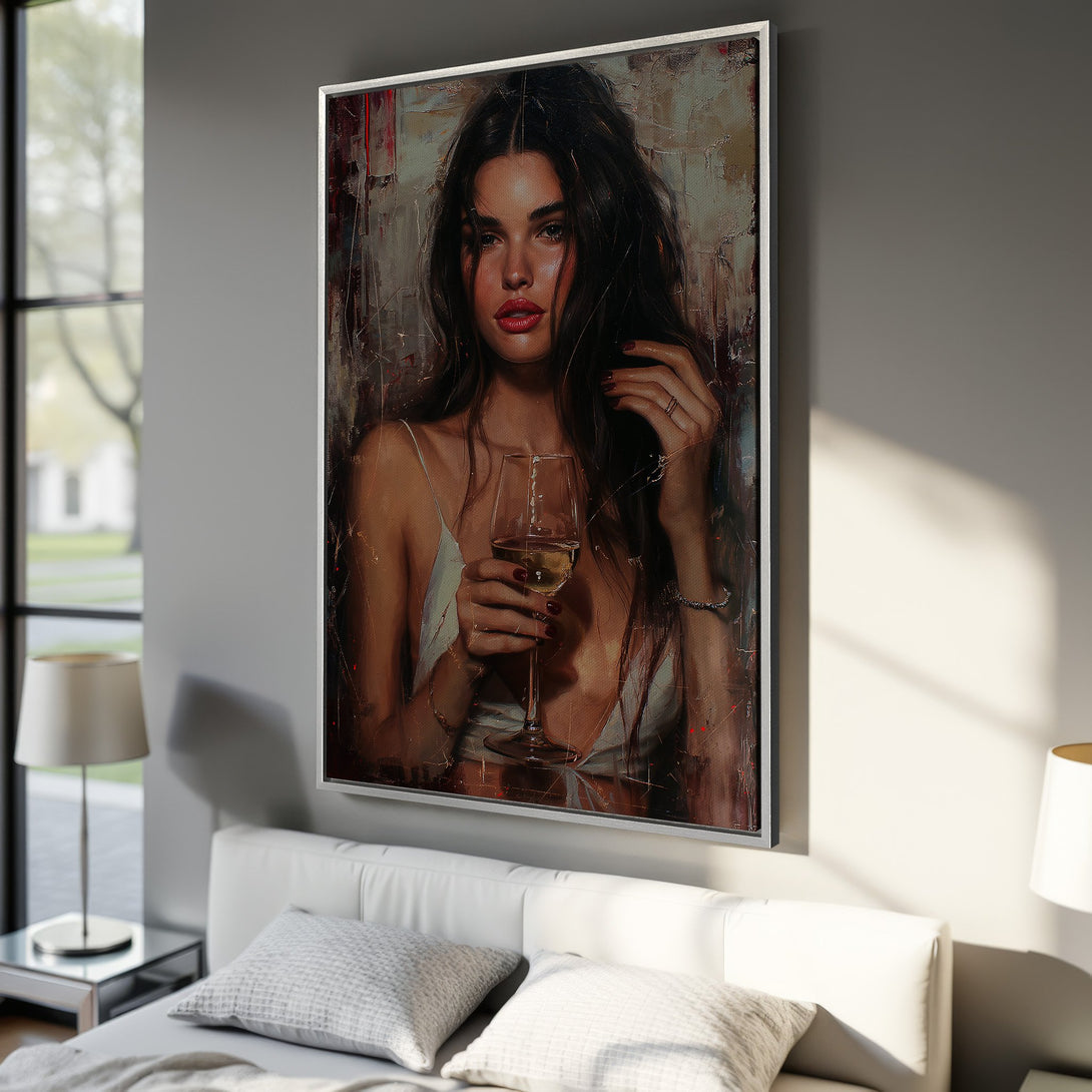 Framed Wall Art of a woman with wine, oil painting style, warm reds & browns. Perfect bedroom decor. Shop Canvas Prints for modern art!