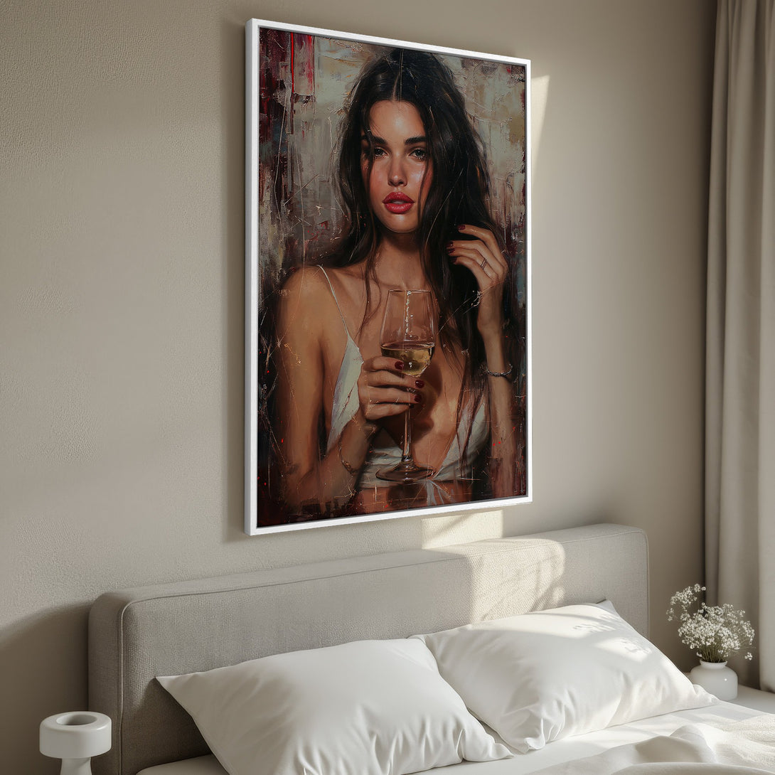Framed Wall Art: Elegant woman with wine, oil painting style, warm neutral tones. Perfect for bedroom decor. Shop stunning canvas prints and elevate your space!