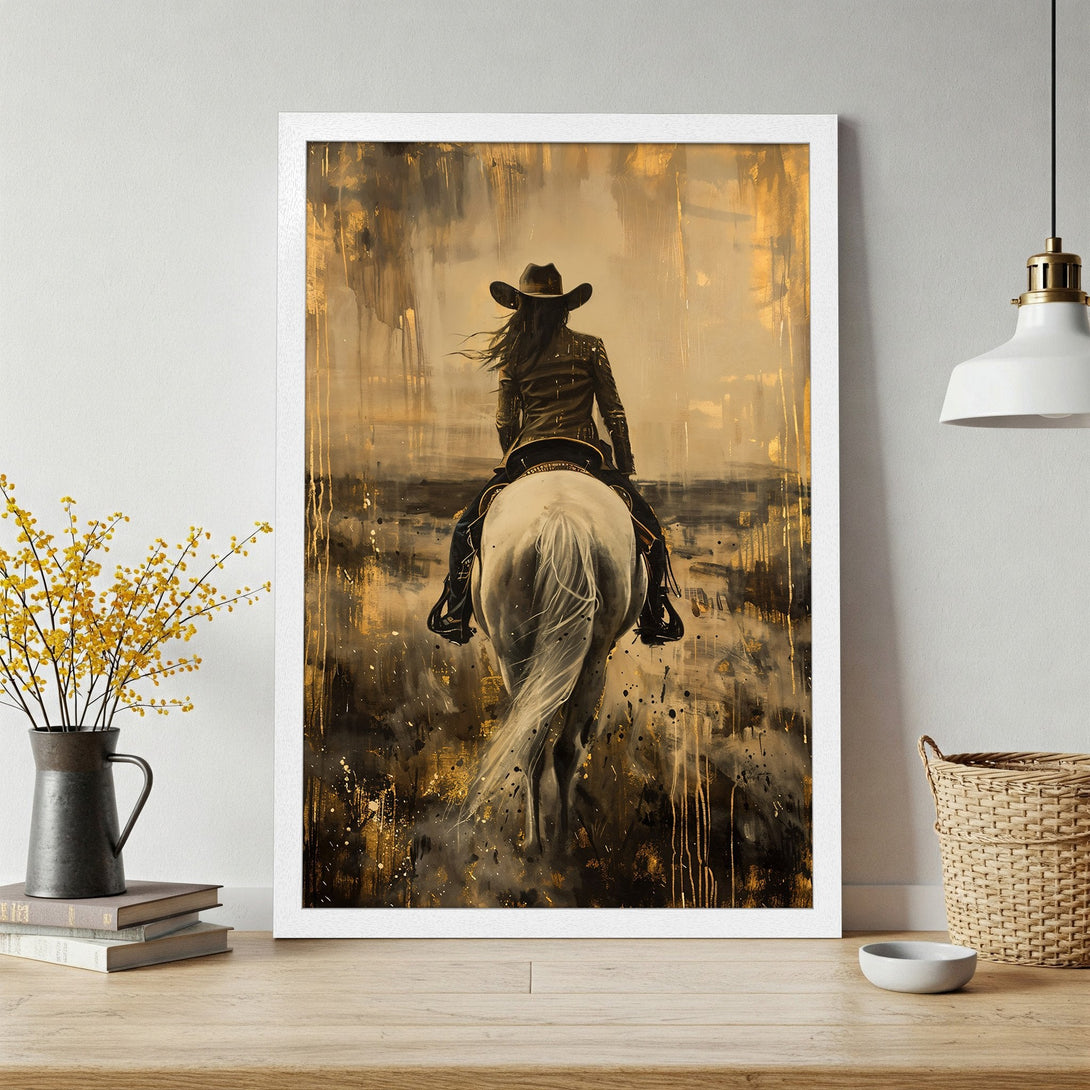 Framed Poster featuring a cowgirl on a white horse, in an abstract style with a warm gold and brown color palette. Perfect wall art!