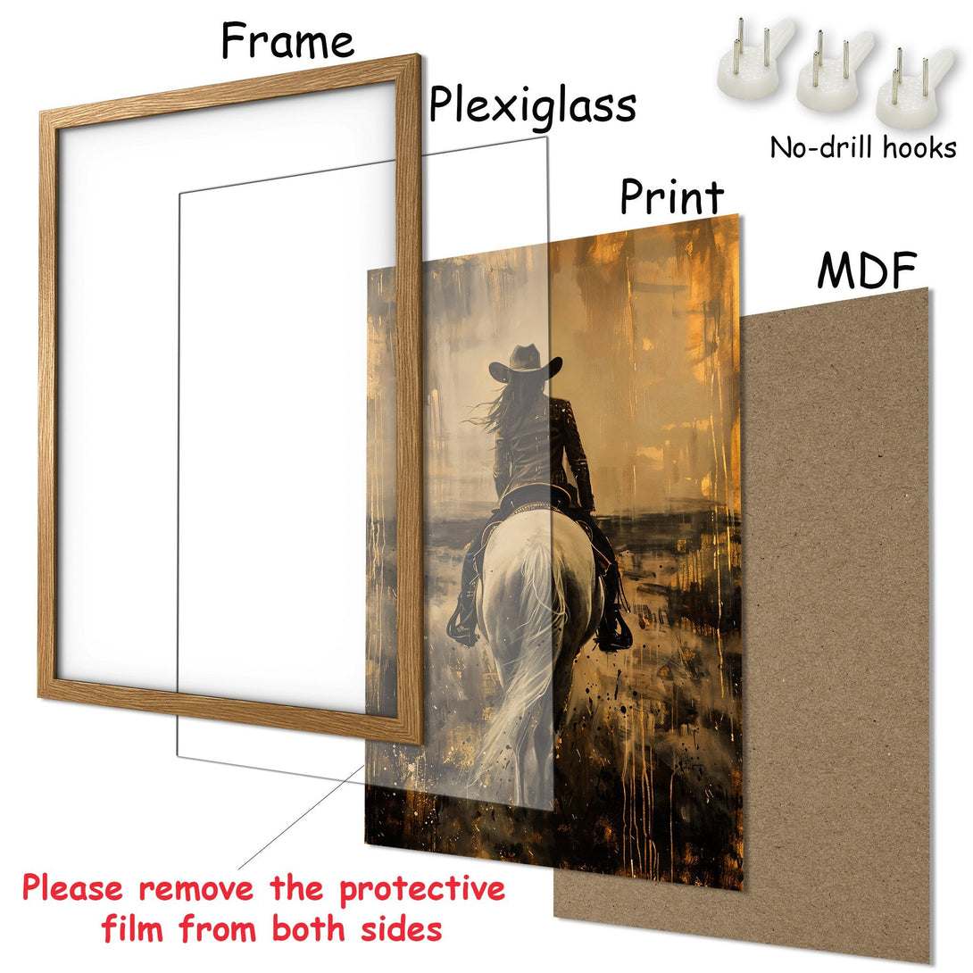Framed Poster of a cowgirl on a horse, with a warm, earthy color palette. Rustic art print for your home.
