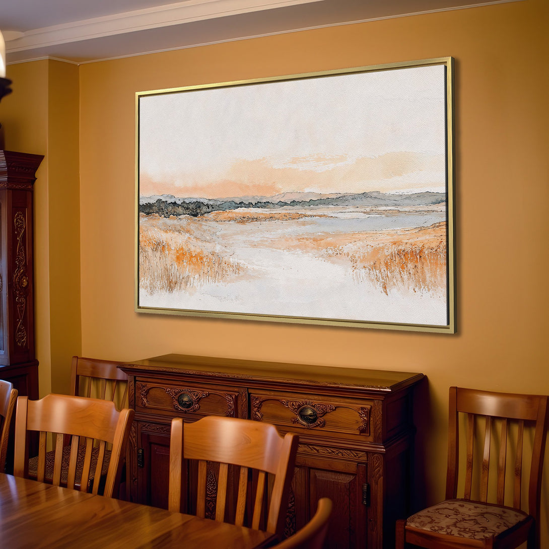 Canvas Print of a serene landscape in neutral tones. Perfect for adding a touch of calm to your living room decor. Warm beige and orange palette.