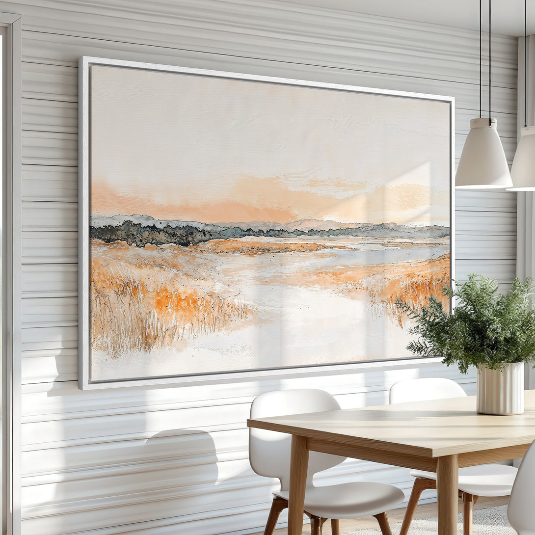 Framed Wall Art: Abstract landscape Canvas Print with warm neutral tones. Modern art for a calming interior. Shop now for stylish home decor!