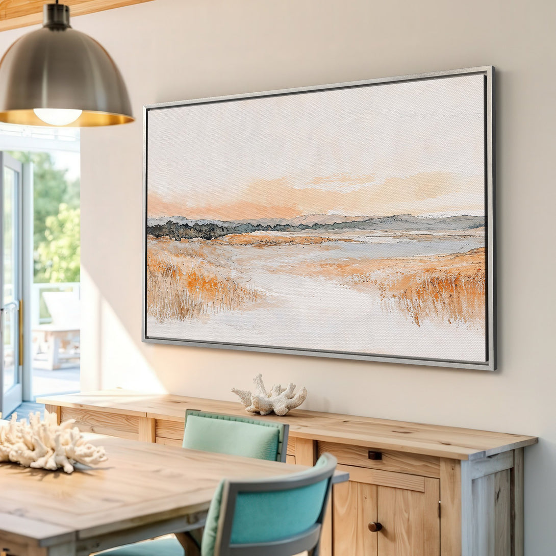 Framed Wall Art featuring a serene landscape painting in warm, earthy tones. Perfect for adding a touch of nature-inspired style to your home.