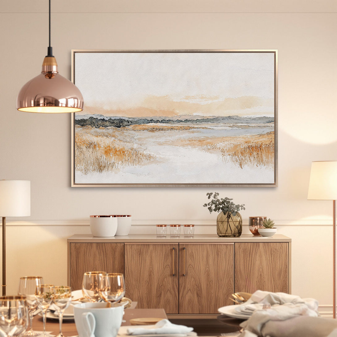 Framed Wall Art: Abstract landscape painting in neutral tones. Modern art canvas print with warm beige, orange, and gray color palette for elegant home decor.