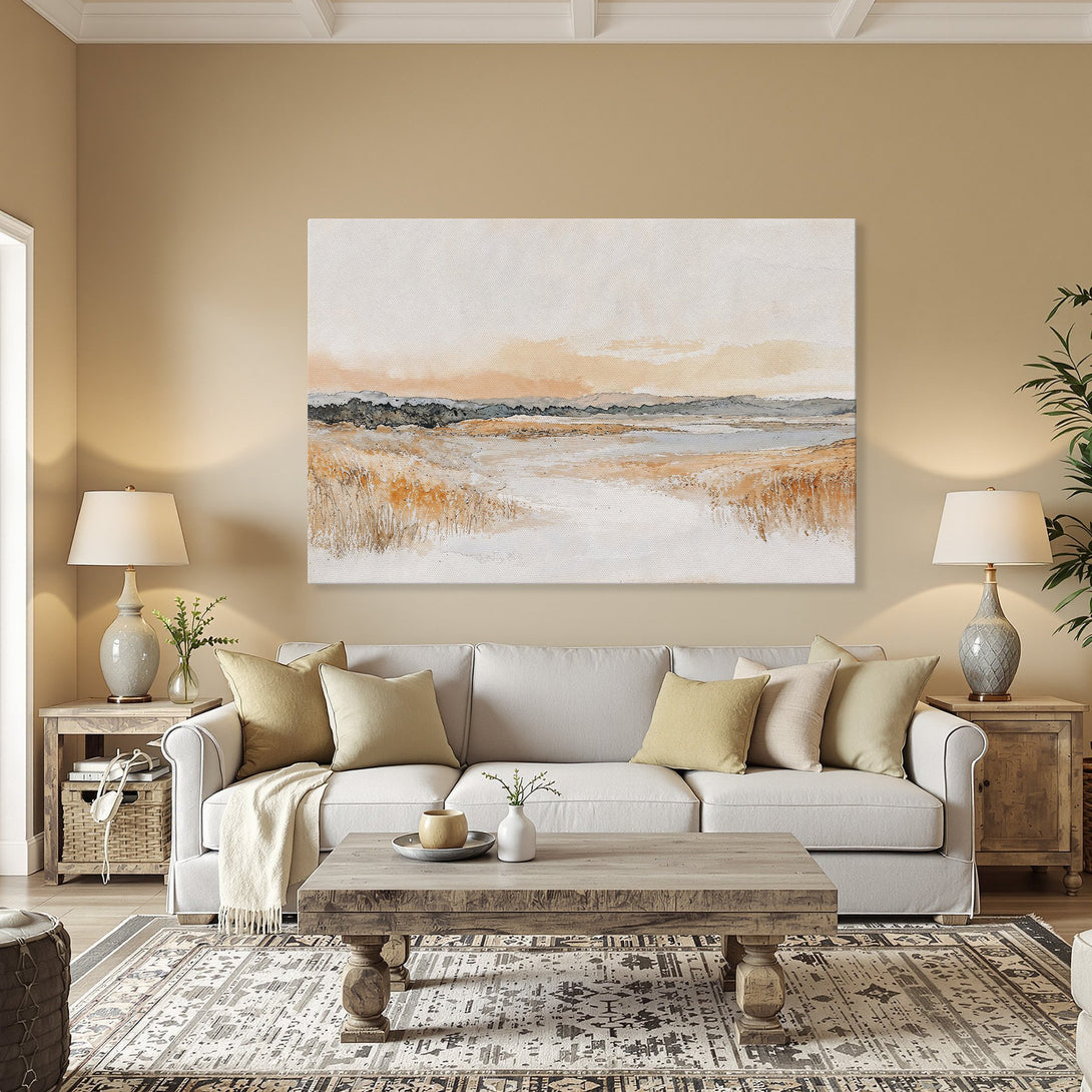 Framed Wall Art: Abstract landscape Canvas Print in warm orange and neutral tones. Perfect for adding a touch of nature-inspired art to your home.
