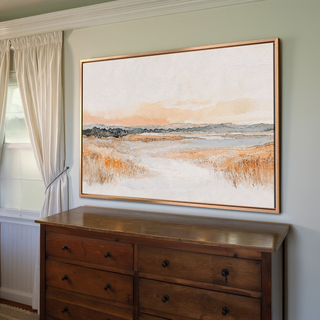 Framed Wall Art: Abstract landscape Canvas Print in warm orange and neutral tones. Perfect for adding a touch of modern art to your home decor.