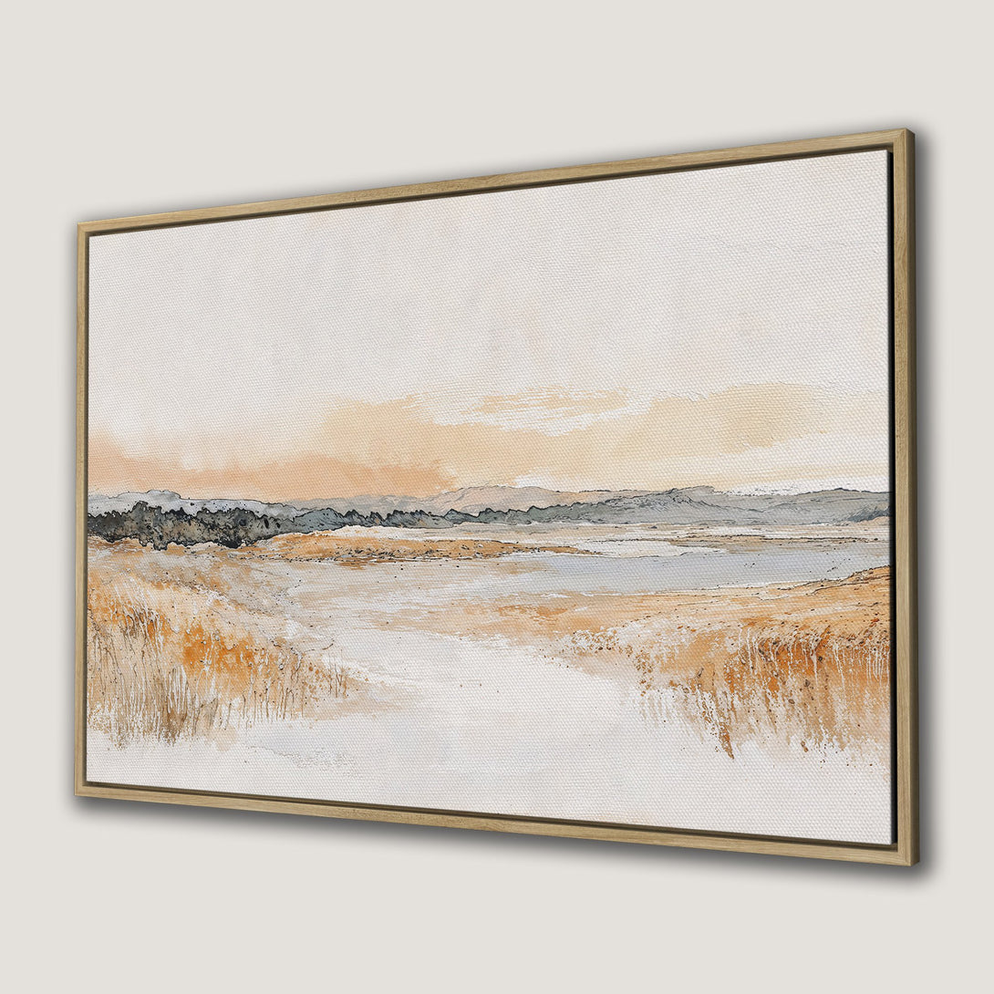 Canvas Print of a serene landscape painting with warm, neutral tones. Abstract style framed wall art for modern decor.