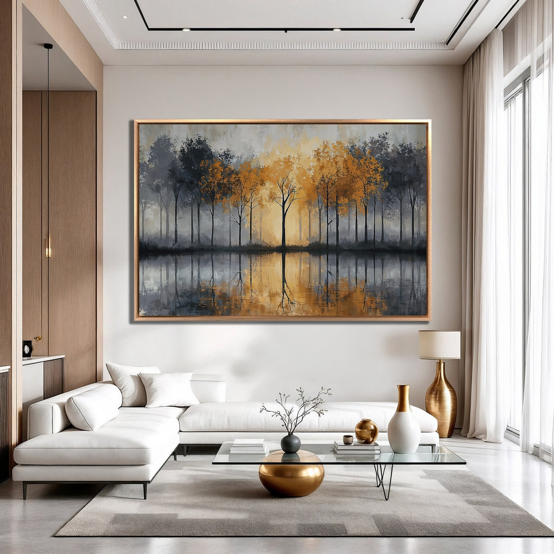 Framed Wall Art: Stunning landscape Canvas Print featuring trees and reflection in a lake. Warm gold and cool gray tones create a serene, modern aesthetic.