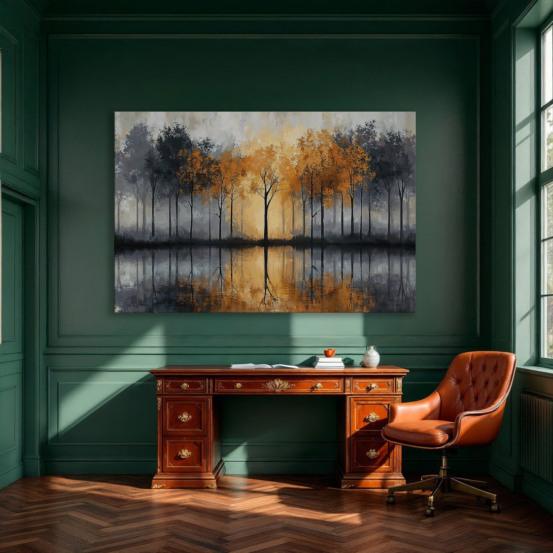 Framed Wall Art: Abstract forest landscape in orange, gray, and black. Modern art canvas print for dining room decor.