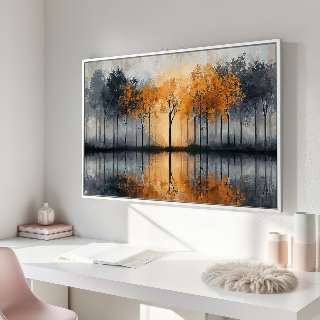 Framed Wall Art: Abstract forest landscape in orange, gray, and black. Modern canvas print for home decor.