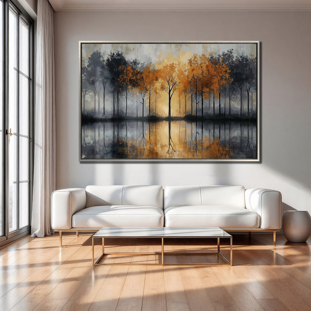 Framed Wall Art: Abstract landscape Canvas Print with trees in orange, black, and gray. Modern art for living room decor.