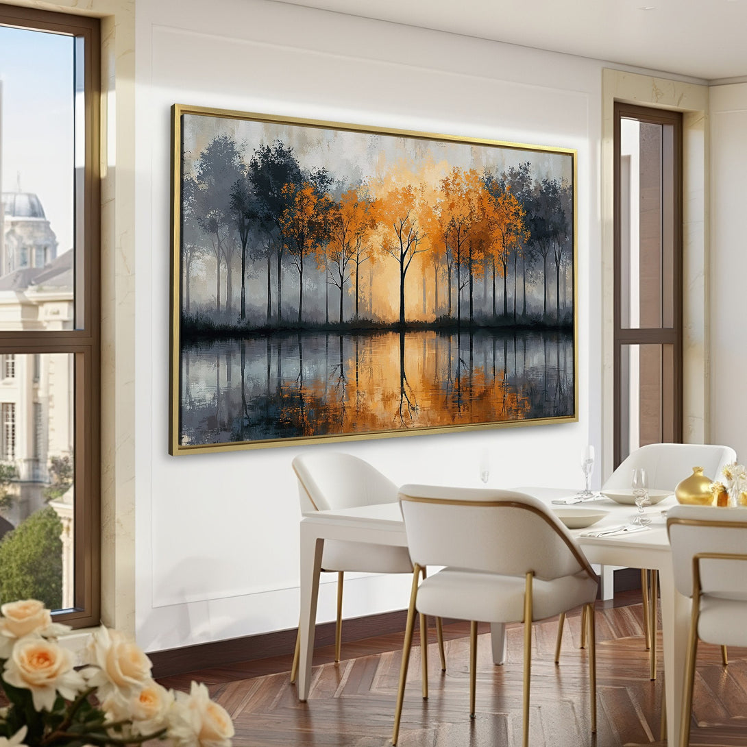 Canvas Print of a serene forest scene with a golden and gray color palette. Perfect for adding a touch of nature to your home decor.