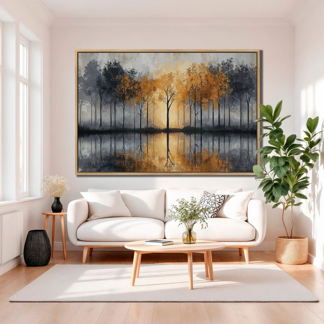 Framed Wall Art: Abstract landscape Canvas Print with trees and water, featuring a warm gold and gray color palette, perfect for modern home decor.