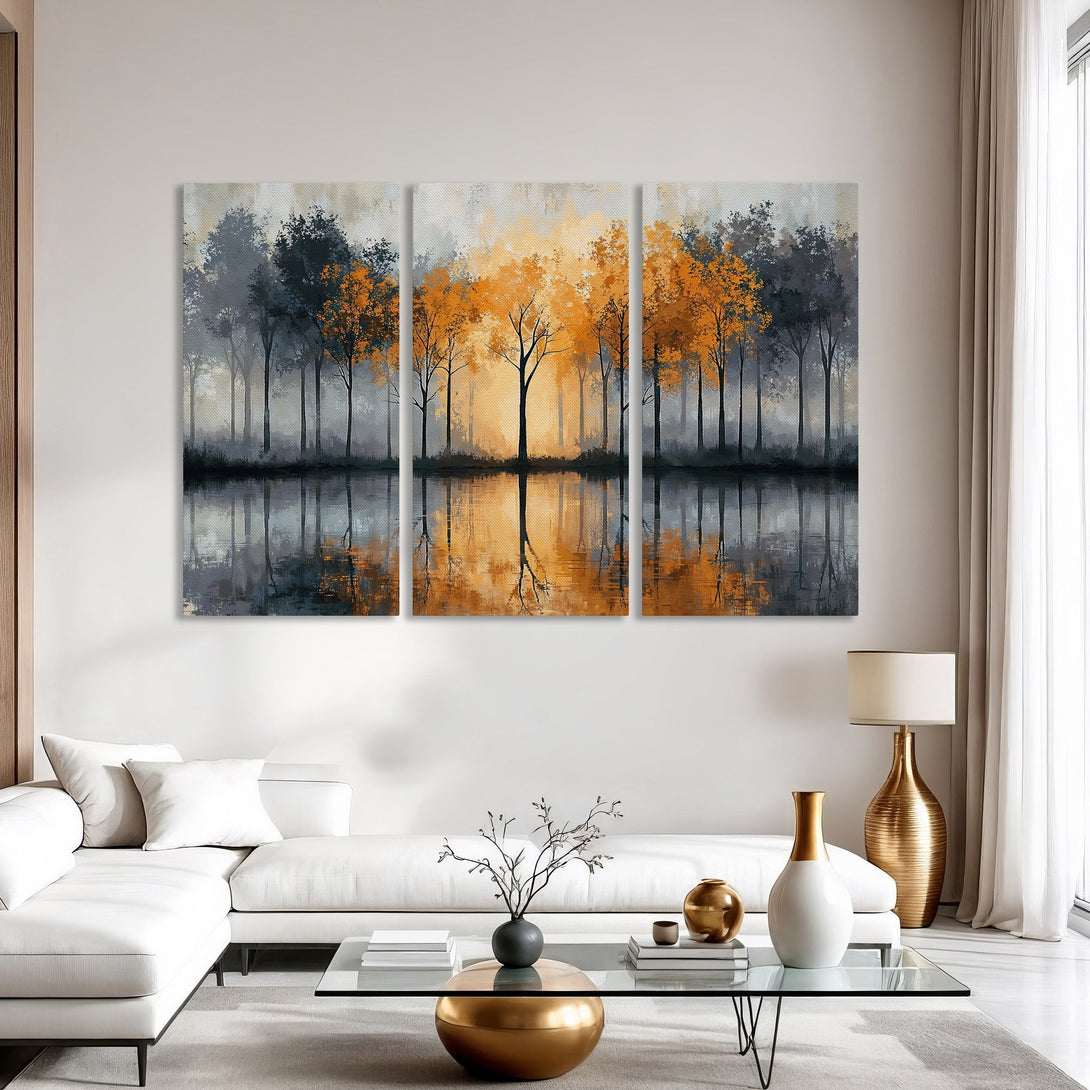 Canvas Print of a serene forest scene with a reflective lake. Features a modern, abstract style with a warm orange and cool gray color palette.