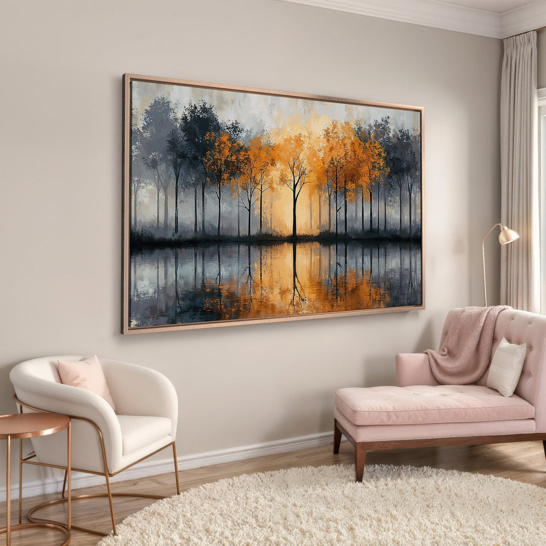 Framed Wall Art: Abstract forest scene in warm orange and cool gray tones. Modern canvas print adds a touch of nature to any decor.