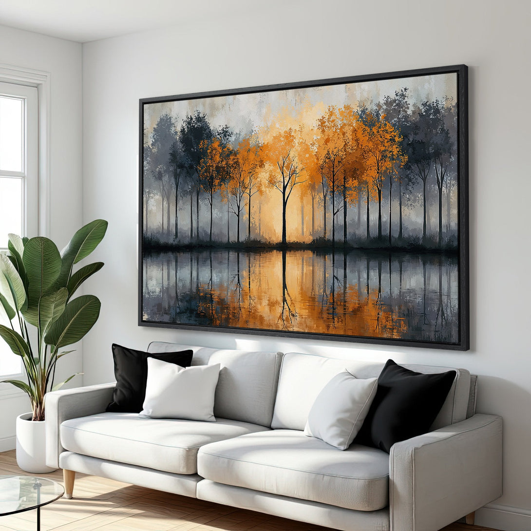 Framed Wall Art: Abstract landscape with trees and water, featuring orange, gray, and black tones. Perfect for modern home decor.
