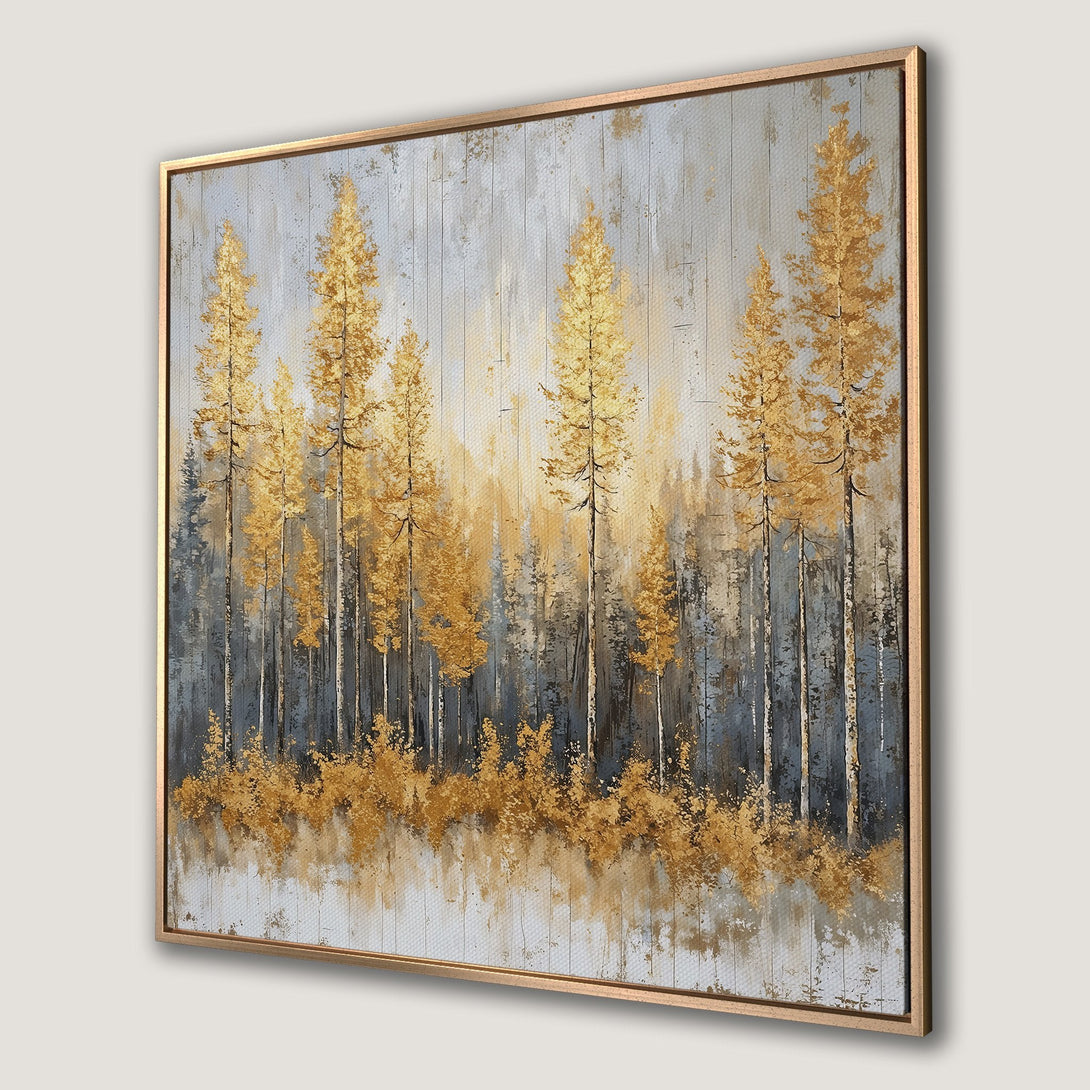 Framed Wall Art: Golden forest landscape canvas print. Modern abstract art with gold, gray, and neutral tones. Perfect for adding elegance to your home.