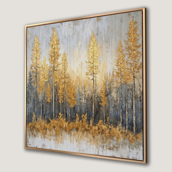 Framed Wall Art: Golden forest landscape canvas print. Modern abstract art with gold, gray, and neutral tones. Perfect for adding elegance to your home.