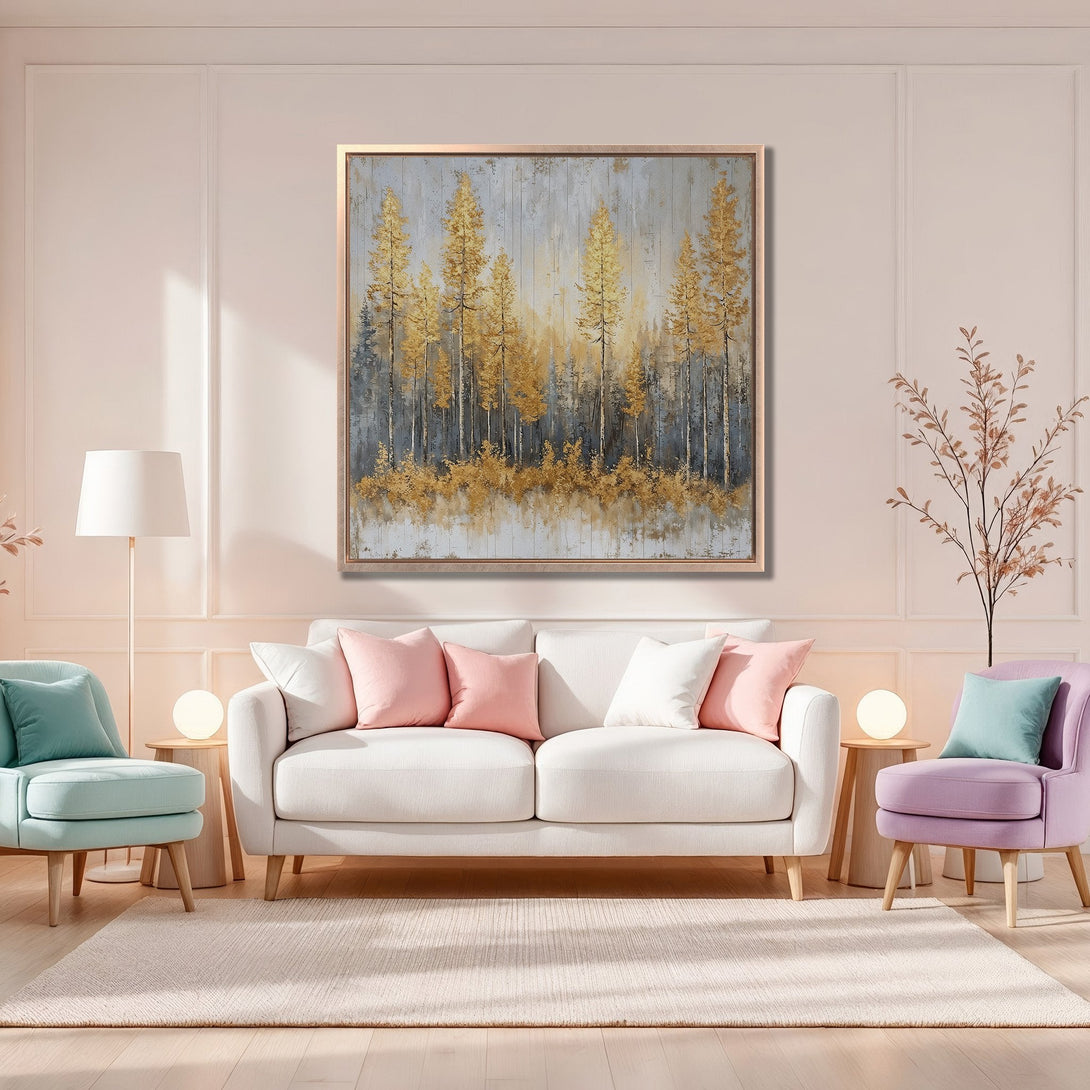 Framed Wall Art featuring a golden forest painting. Modern style with a neutral & gold color palette, perfect for living room decor. Shop now!