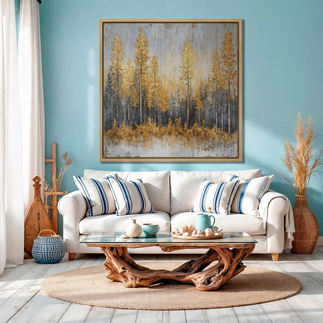 Framed Wall Art featuring a golden forest scene. Elegant abstract art with a neutral and gold color palette, perfect for adding a touch of nature to any room.