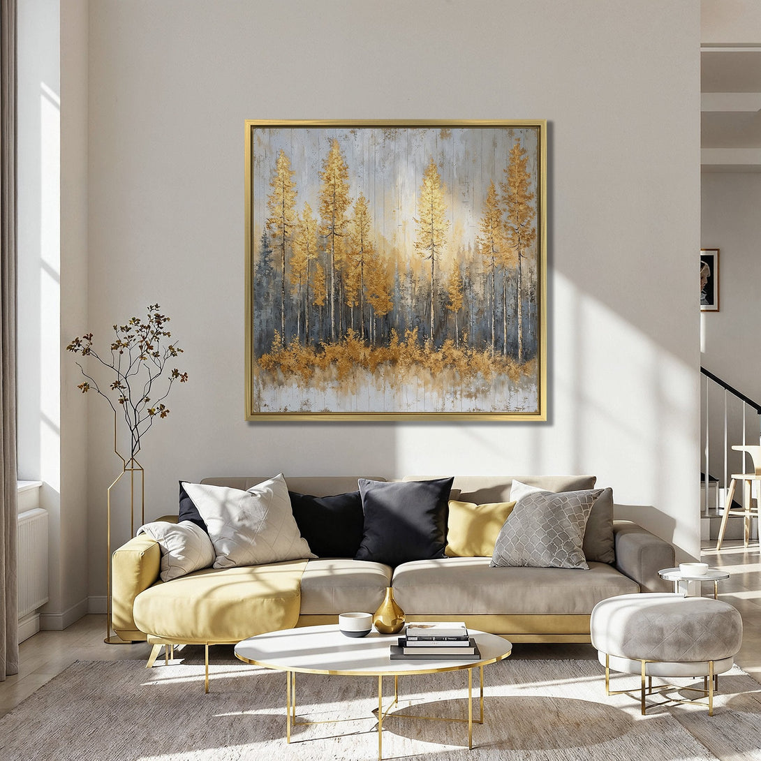 Canvas Print: Golden forest art in a modern interior. Abstract style with gold, gray, and teal color palette, perfect for living room decor.