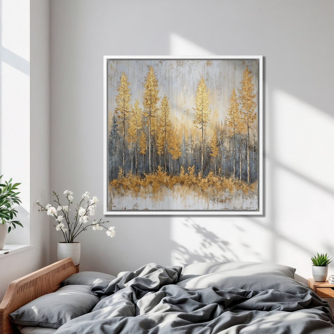 Framed Wall Art featuring an abstract forest scene in gold and gray tones. Modern art for a calming bedroom aesthetic.