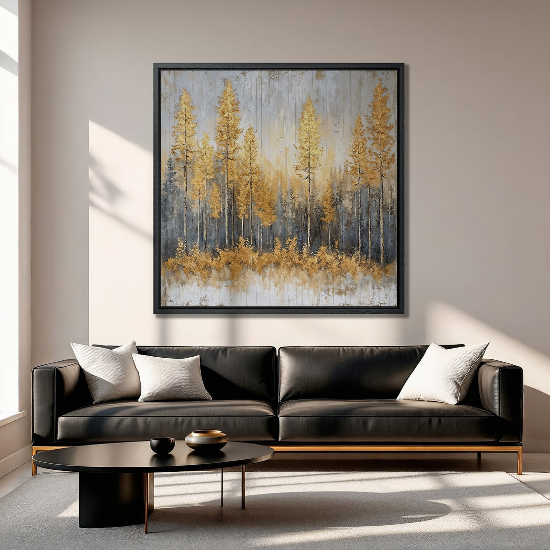 Framed Wall Art of golden trees in a forest, displayed in a modern living room. Neutral color palette with black frame. Perfect for home decor.