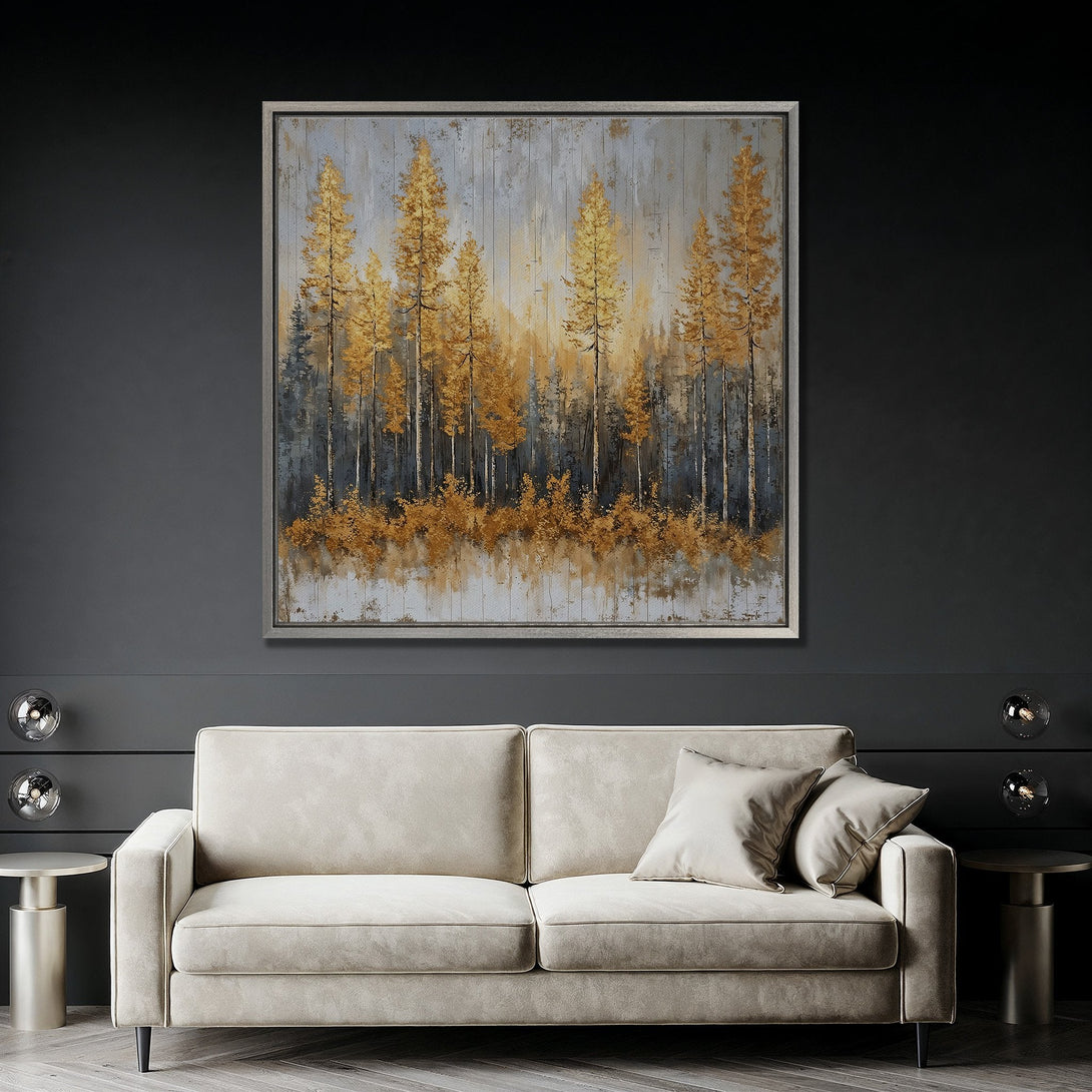 Framed Wall Art: Abstract forest scene in gold and gray tones. Modern canvas print adds a touch of elegance to any interior. Shop now!