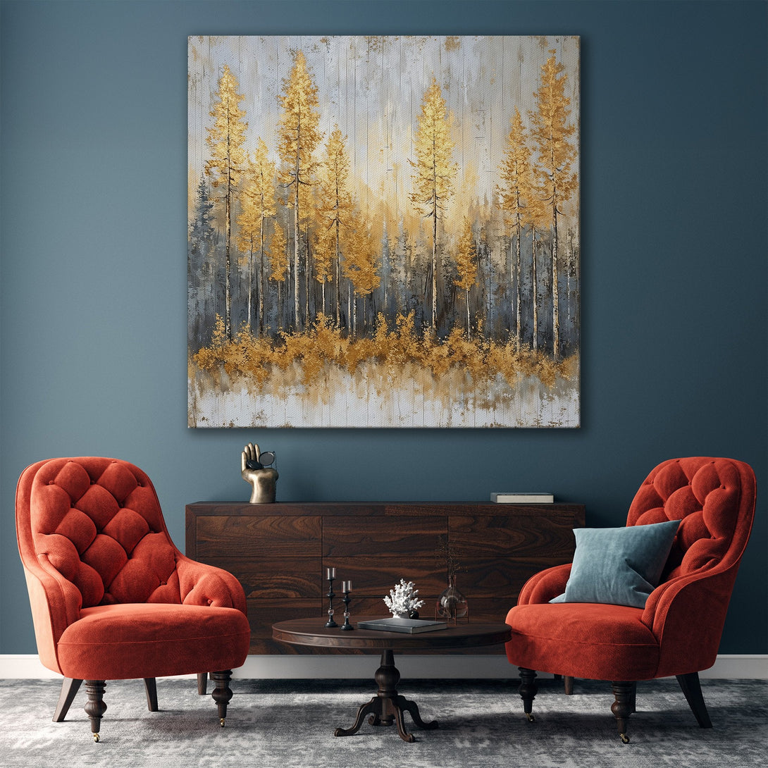 Framed Wall Art featuring a golden forest scene. Modern abstract style with gold, gray, and white color palette. Perfect for adding elegance to your home.