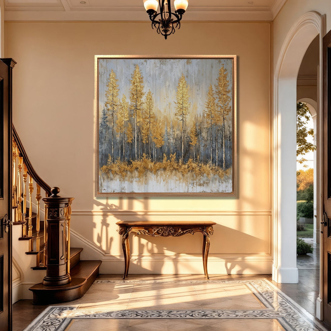 Framed Wall Art: Gold forest landscape Canvas Print in a luxurious entryway. Neutral color palette with gold accents for a sophisticated home decor statement.