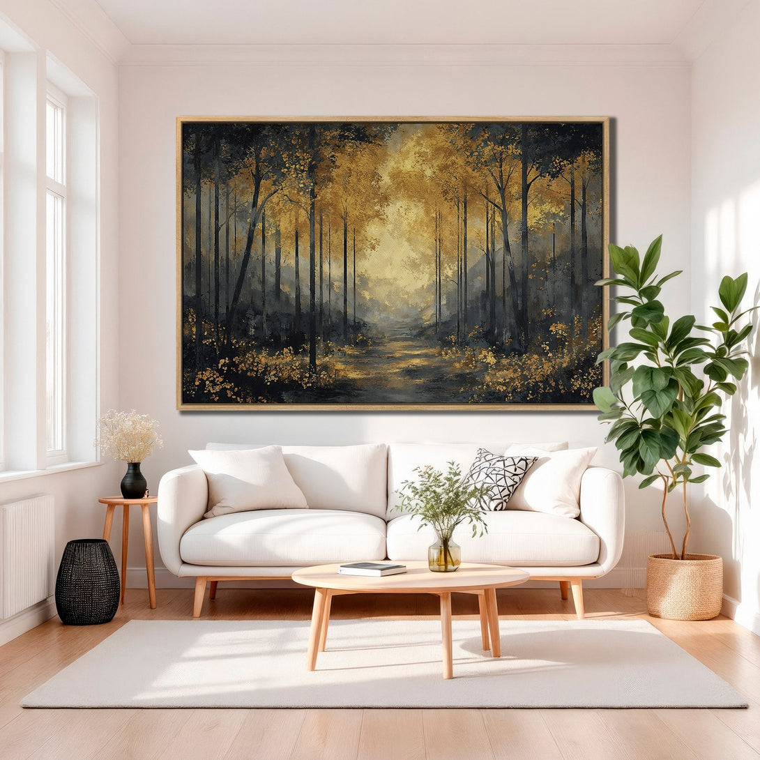Framed Wall Art: Forest scene in gold and charcoal tones. Modern canvas print adds a touch of nature and elegance to any living room. Shop now!