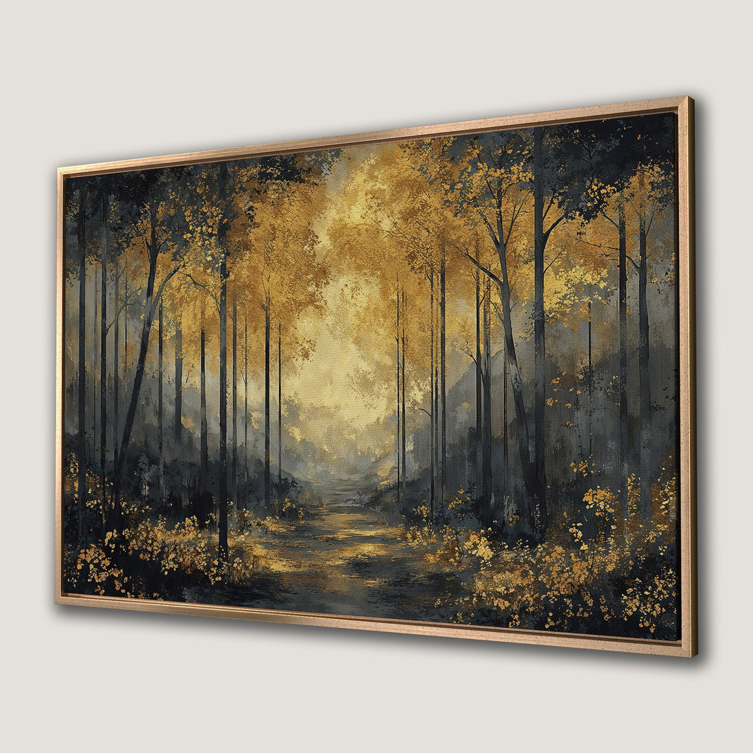Framed Wall Art: Forest scene canvas print in gold and gray. Abstract painting style. Perfect for modern home decor.