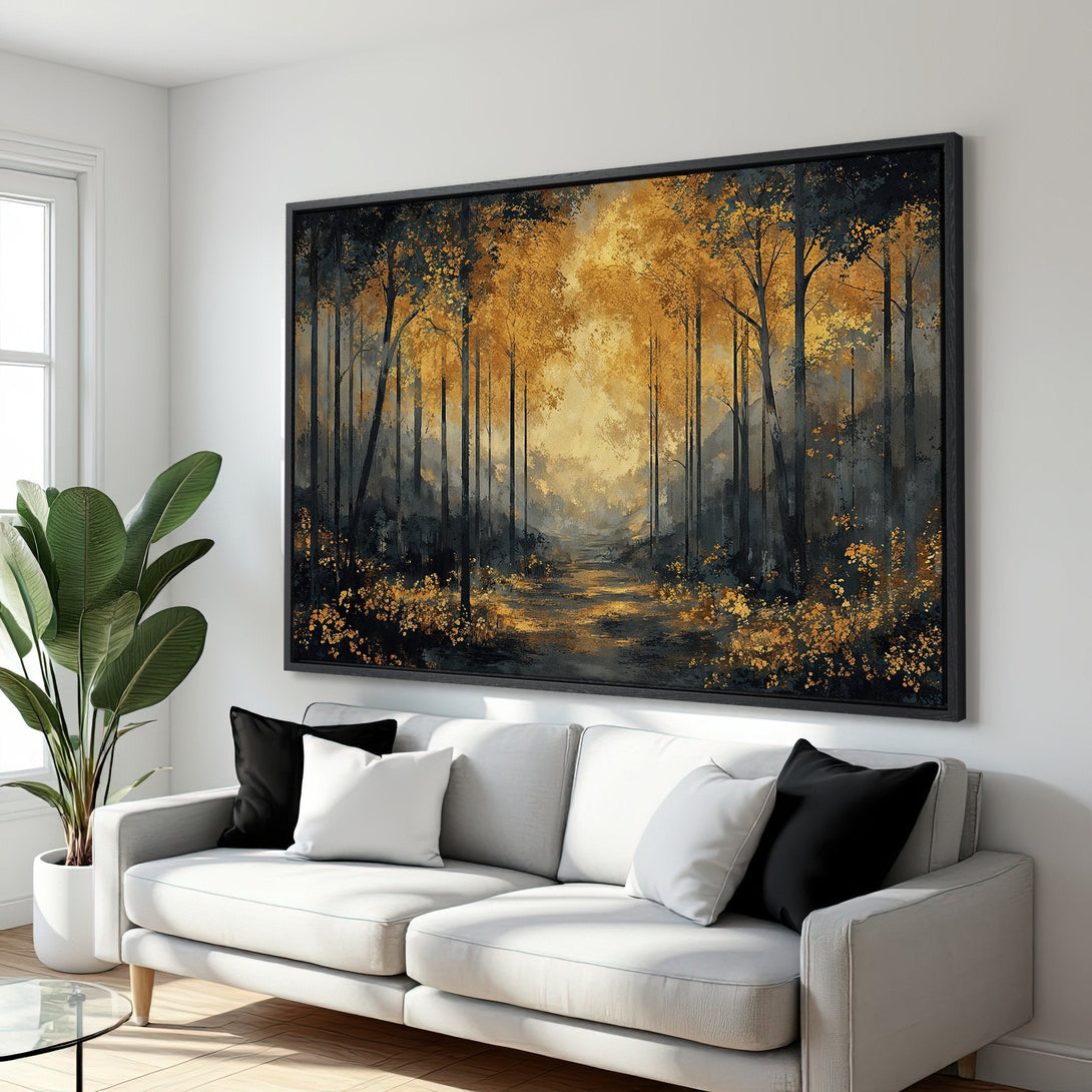 Framed Wall Art: Abstract forest scene in gold and black. Enhance your living room with this stunning Canvas Print featuring a modern, nature-inspired design.