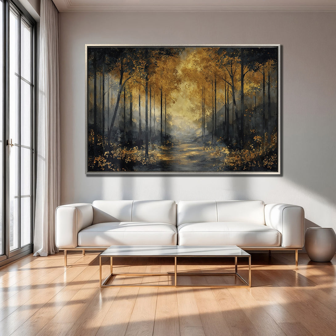 Framed Wall Art: Forest scene in gold and black. Elegant canvas print for living room decor. Adds a touch of nature & sophistication.